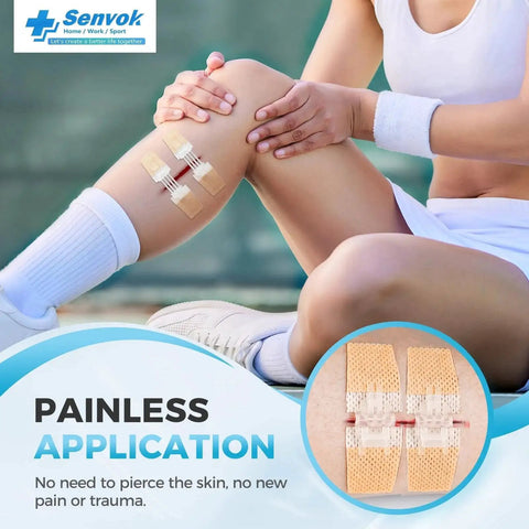 Person applying Emergency Wound Closure Kit 2 Pack With Medical Grade Adhesive Sutures Butterfly Bandages And Clotting Technology on knee