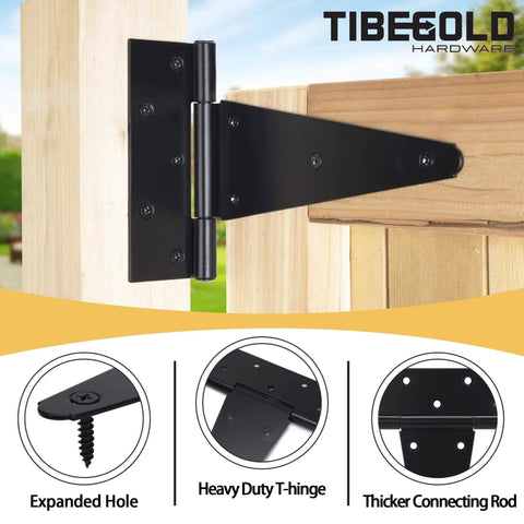 12Inch T Strap Gate Hinges Heavy Duty Black Tee Hinges for Wooden Fences Yard Gates Rustproof Iron Hardware installed