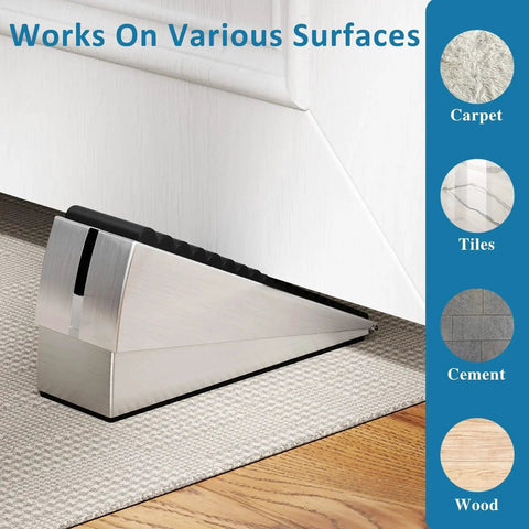 Two Pack Heavy Duty Door Stopper With Spring Loaded Adjustable Height Up To Three Inches Tall Wedge under door on various surfaces