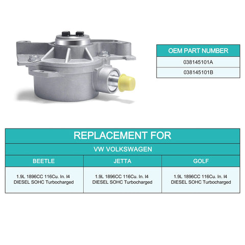 Brake vacuum pump for VW 1.9L TDI ALH; aluminum housing with yellow cap, OEM 038145101B
