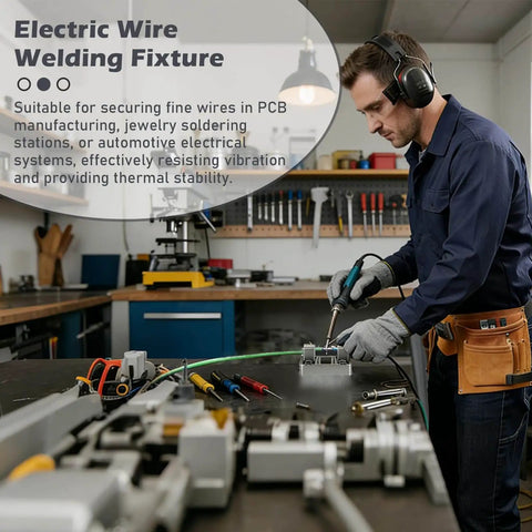 A technician using an electric wire welding fixture on a workbench in an electronics workshop, with various tools visible.