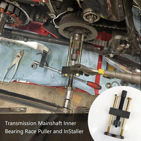 Transmission Mainshaft Inner Bearing Race Tool Installer Puller for Big Twin transmissions in use on motorcycle engine close-up.
