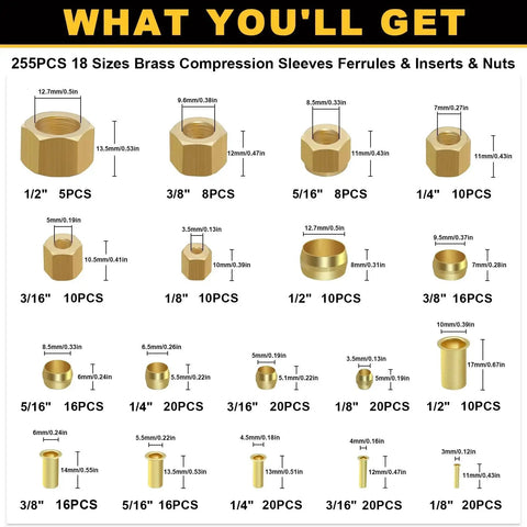 Size guide for Six Size Brass Compression Fittings Kit With 255 Pieces Including Sleeves Ferrules Inserts Nuts For Tube Outer Diameter One Half Inch Through One Eighth Inch Perfect For Home DIY Plumbing Built To Endure Everyday Use For Handy Folks Siptenk