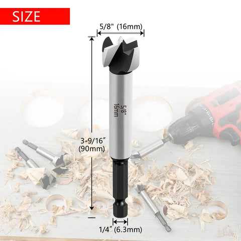Five Eighths Inch Forstner Drill Bit For Woodworking, Alloy Steel Hinge Cutter Bit With Hex Shank, Length Three To Nine Sixteenth Inch