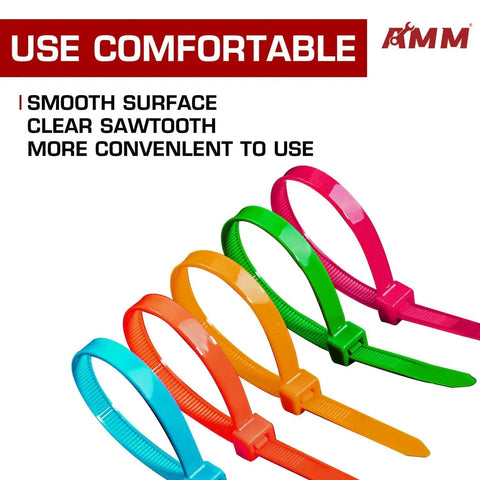 Close-up of colorful zip ties from Colorful Zip Ties Pack 1000 Count With Assorted Sizes 4 6 8 And 10 Inches in various colors.