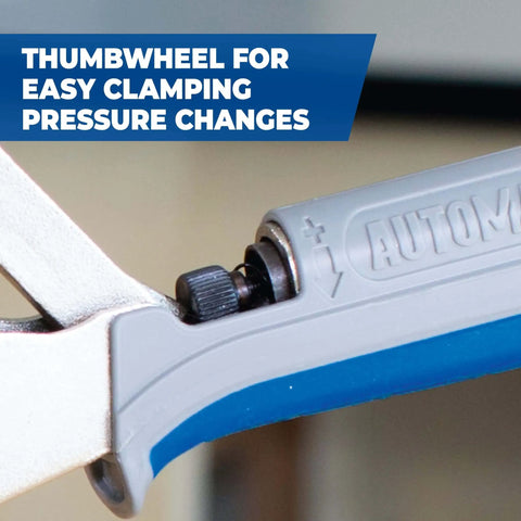 Close-up of Automaxx Auto-Adjust Clamp Pressure Technology Wood Project Clamp with thumbwheel for pressure adjustment.