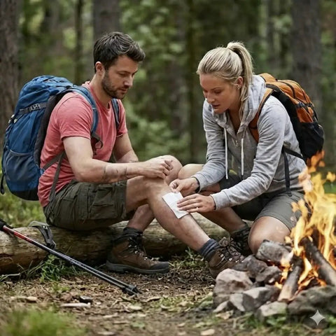 Two hikers using Complete 25 Piece Burn First Aid Kit With Hydrogel Dressings And Burn Gel For Fast Relief by a campfire