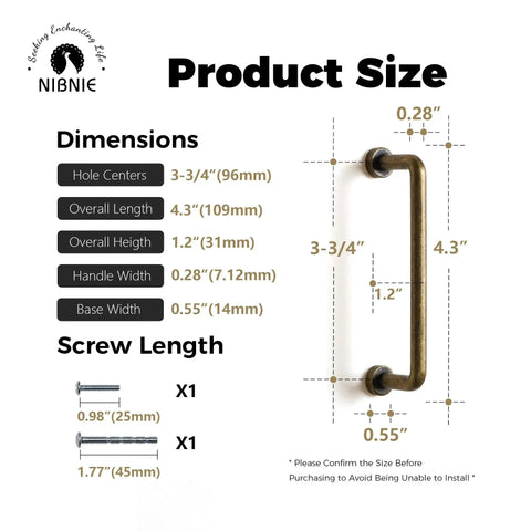 Diagram showing dimensions of Ten Pack Antique Brass Cabinet Pulls With Center To Center Mounting Of Three And Three Quarters Inches And Four Point Three Inches Overall Length Vintage Drawer Pulls For Cabinets And Dressers Includes Screws.