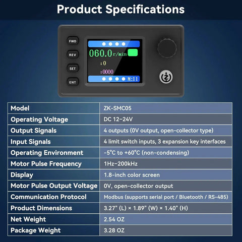 Product specifications for DIY Friendly Stepper Motor Controller For CNC And PLC 12 24V DC With 1.8 Inch Color Screen and Rotary Encoder