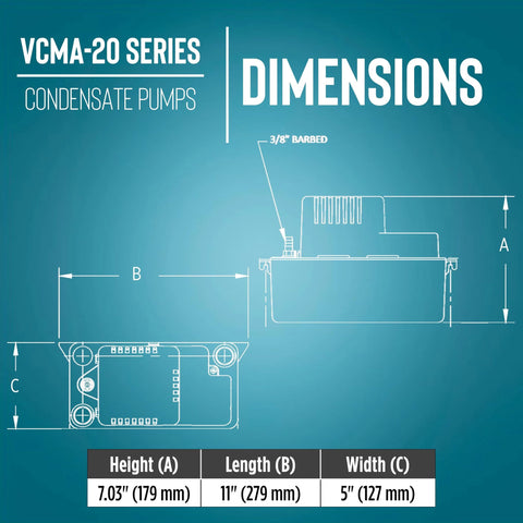 VCMA-20 condensate pump blueprint showing dimensions: height 7.03 in, length 11 in, width 5 in.