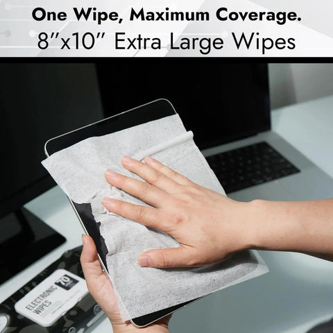 Hand using Streak Free Electronics Wipes Screen Cleaner 70 Count 8x10 No Cloth Needed to clean a tablet screen