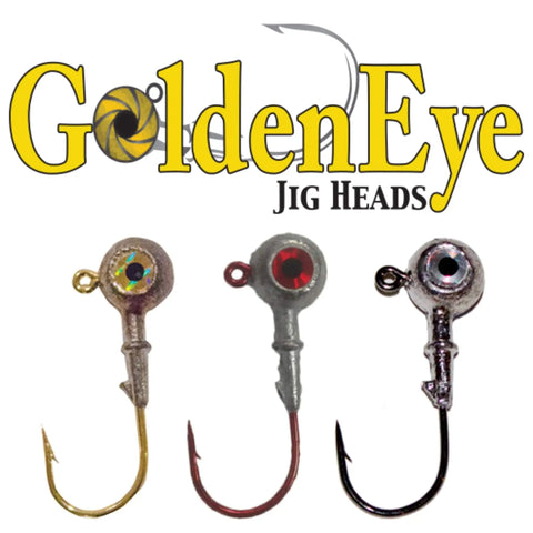 Three inshore jig heads with red eyes and hooks, 1/4 ounce, 5 count pack for soft plastics fishing, shown against GoldenEye logo.
