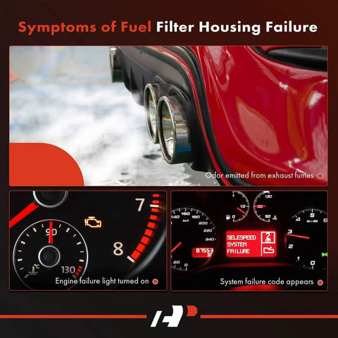 Collage showing fuel filter housing failure symptoms: exhaust odor, engine light, system failure code on car dashboard.
