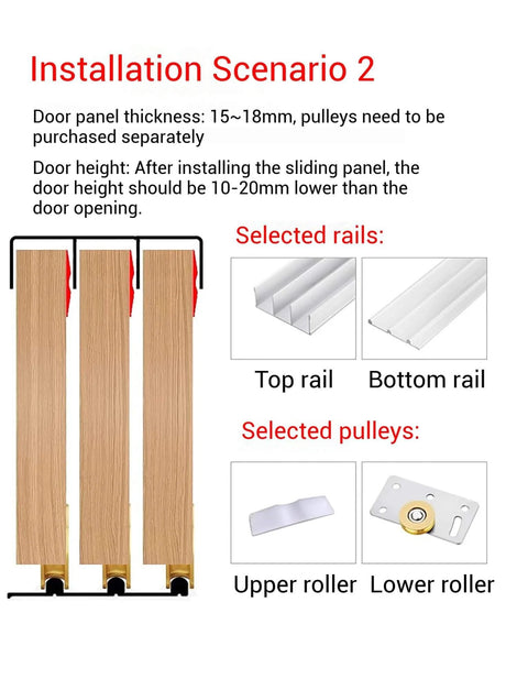 Installation scenario showing Built Tough Heavy Duty Triple Track Sliding Door Hardware Kit With Aluminum Rails, 210cm long.