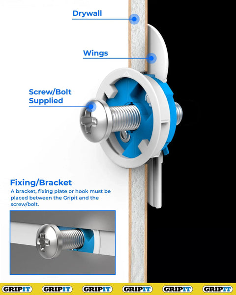 Illustration showing heavy duty drywall anchors pack of 4 with screws and 1 inch drill bit included for plaster walls up to 205 lbs 93 kg reusable wall anchors kit delivers ultra strong grip and even load distribution for shelves mirrors and decor in drywall with labeled parts.