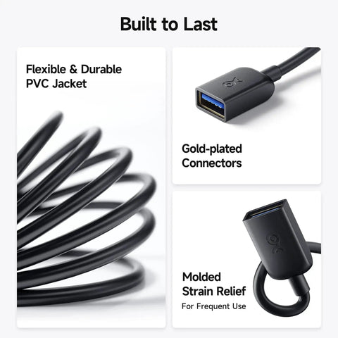 USB 3.0 Extension Cable 3-Foot Male To Female, 5Gbps SuperSpeed Extender, showing black coil, gold-plated connector and strain relief