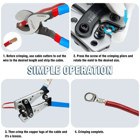 No Fuss Battery Lug Crimping Tool For AWG 10 To 1 0 Wire With Built In Cable Cutter Plus 64 Ring Terminals And 70 Heat Shrink Tubes Kit By Tivorex showing simple operation steps