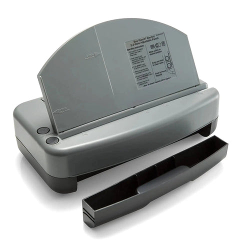 Electric Desktop 2 To 3 Hole Punch With 30 Sheet Capacity, gray and black finish, shown with paper guide and chip tray removed.