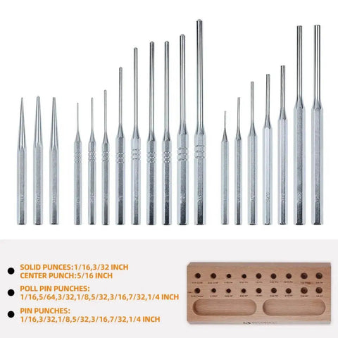 Roll Pin Punch Set With Steel Center Punch And Nail Punch In Beech Block Case, 18-piece tools layout with labeled sizes