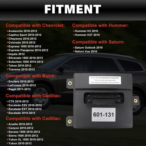 Fuel Pump Driver Module 601-131 Replaces 20877116 For 2010-2012 GM Trucks And SUVs displayed with fitment list