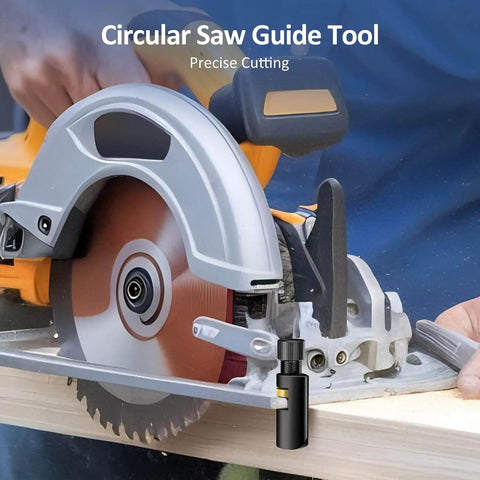 Circular saw in use with circular saw guide, showing carpentry jig stops for precise cuts
