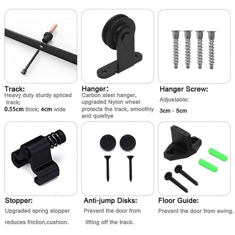 Components of Heavy Duty Sliding Barn Door Rail Hardware Kit For Bypass Single Track For Double Doors with instructions