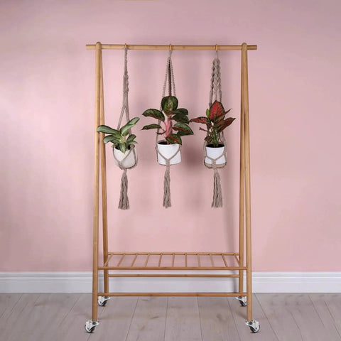 Wooden plant stand with hanging pots on Mini 1 Inch Swivel Threaded Stem Casters M6x15mm With TPE Quiet Wheels Chrome Plated Steel Frame