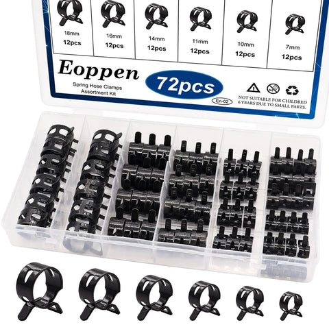 Eoppen 72-piece spring hose clamp kit, black metal clamps in 7–18mm sizes in a clear storage case