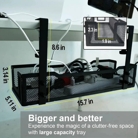 Under Desk Cable Management Tray With Clamp For Quick No Drill Setup installed under desk holding cables and power strips