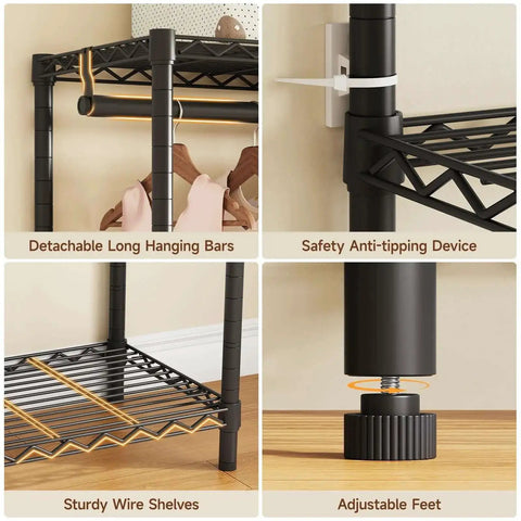 Detailed view of Extra Large Industrial Pipe Clothing Rack With Shelves And Hanging Rods, showing features like anti-tipping device and adjustable feet.