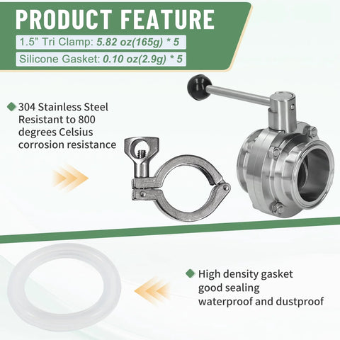 Pindex 5-pack 1.5in tri clamp set with 304 stainless steel sanitary TC fittings and silicone gaskets