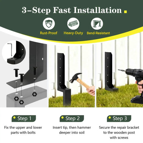 Installation steps for Beefed Up Heavy Duty Fence Post Anchor and Repair Kit for 4x4 and 6x6 Wood Posts Galvanized Steel L Shape Stabilizer