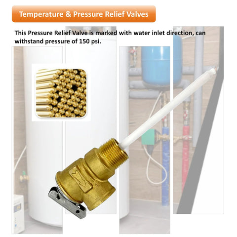 Brass temperature and pressure relief valve with extension probe and lever, 3/4 in NPT.