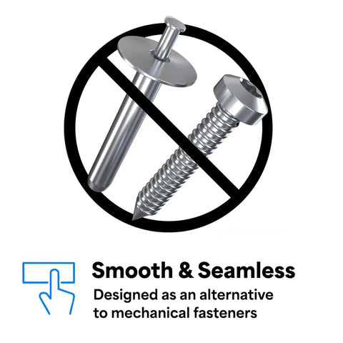 Image illustrating "Smooth & Seamless" alternative to screws for VHB Heavy Duty Mounting Tape 5952, 2 in x 5 yd, with icon.
