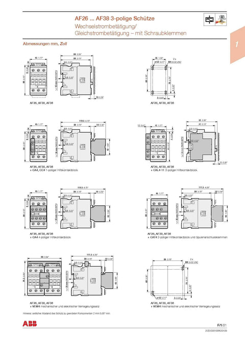 Technical diagrams of AC coil contactor AF16-30-10-13 1SBL177001R1310 100-250V AC 35A 10HP for industrial machinery panels.