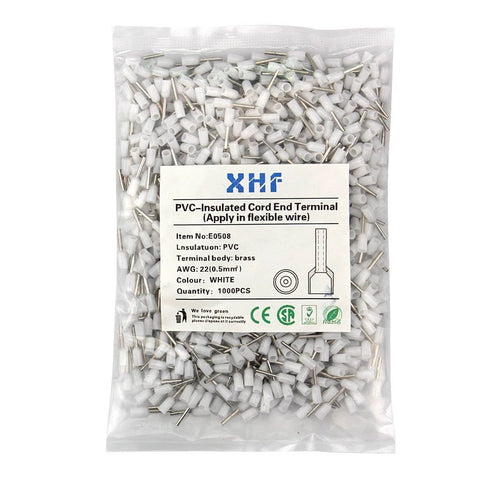 Insulated Copper Wire Ferrules Connectors 1000 Pieces For AWG 22 And 0.5mm2 Crimp Pins Cord End Terminals White Tin Plated RoHS