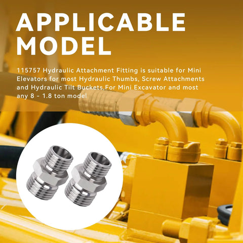 Hydraulic hose thread connectors for excavators, silver metal, 2 pcs, compatible with mini excavator attachments