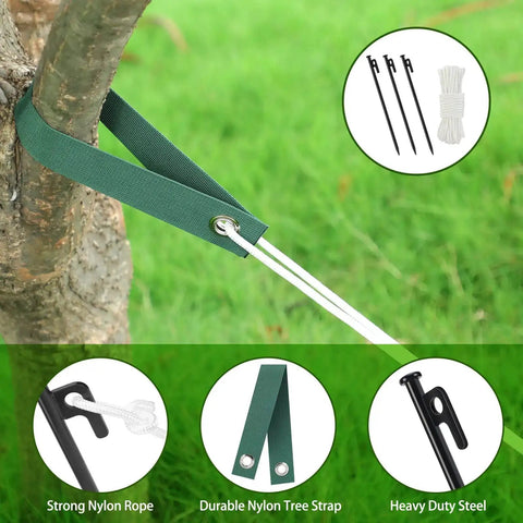 Heavy Duty Tree Stakes And Ground Anchor Kit For Young Trees, featuring 3 metal stakes, nylon straps, and 32.8 ft rope on grassy lawn.