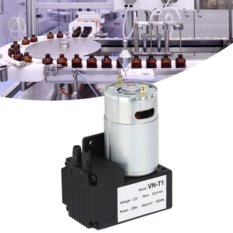 Miniature DC vacuum pump, front view; metal housing on black base, 12V, 10 L/min flow, -81 kPa vacuum.