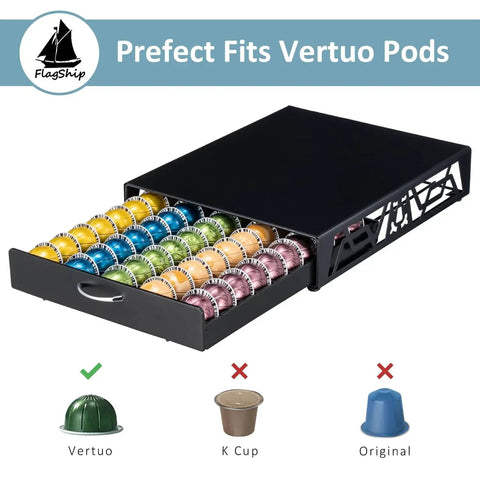Modern Black Metal Vertuo Pod Storage Drawer For Coffee Machines Space Saving Capsule Organizer That Holds 50 Vertuo Pods.