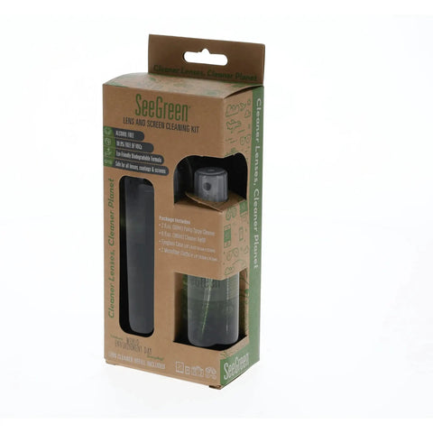 Eco Friendly Lens And Screen Cleaning Kit with 2oz spray cleaner and refill in eco-friendly packaging