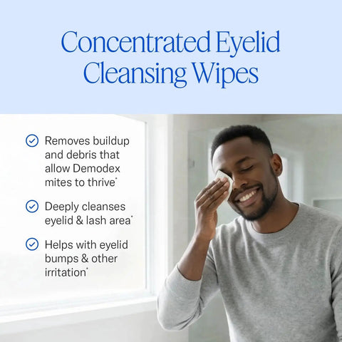 Man using Natural Eyelid Towelettes for Demodex and Blepharitis Cleanser with Tea Tree Oil, featuring cleansing benefits on the packaging.