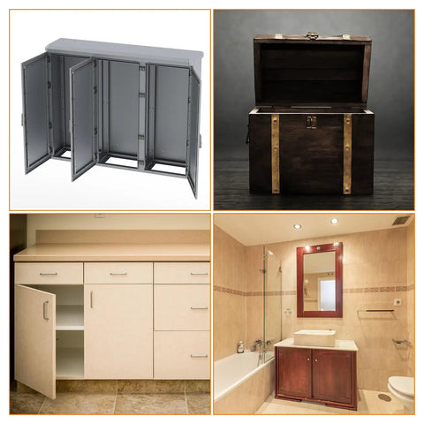 Various cabinets and furniture setups showcasing potential use for Customizable Torque Cabinet Hinge Set For DIY Furniture And Cabinets 43x36mm Plastic Countersunk Hinges With Adjustable Position Control And Black Finish 4 Pack Uxcell.
