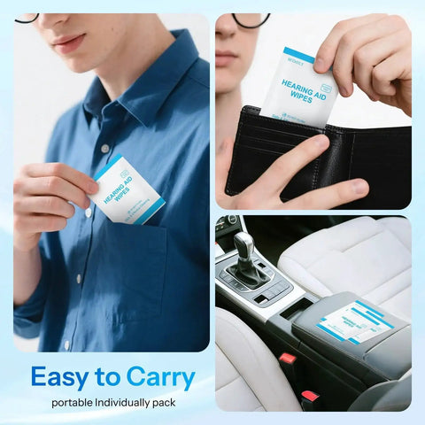 Person placing Alcohol Free Hearing Aid Cleaning Wipes Individually Wrapped in pocket, wallet, and car console
