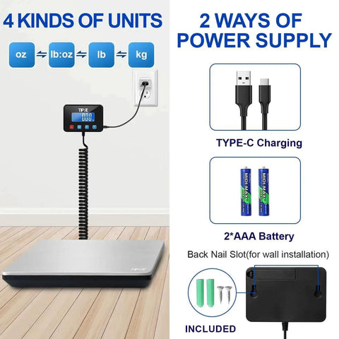 Digital Shipping Scale With 660 Lb Capacity For Heavy Packages showing 13.5x11 inch platform and power options.