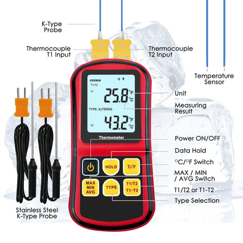 Amazon digital K-type thermocouple thermometer with dual channels and four stainless probes; red handheld unit with LCD