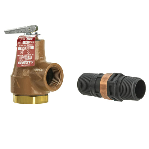 Two-piece Watts 374A-030-FS iron boiler pressure relief valve with 3/4 in female NPTF threads and discharge flood sensor