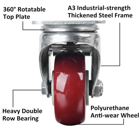 Heavy Duty 3 Inch Caster Wheels Set Of 4 With Brakes Locking Swivel Casters Premium Polyurethane Wheels Handle Up To 2200 Lb Total Load Capacity