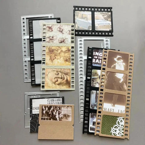 Totally Versatile Vintage Film Frame Die Cutting Set for Card Making and Scrapbooking, showing decorated die cuts and templates