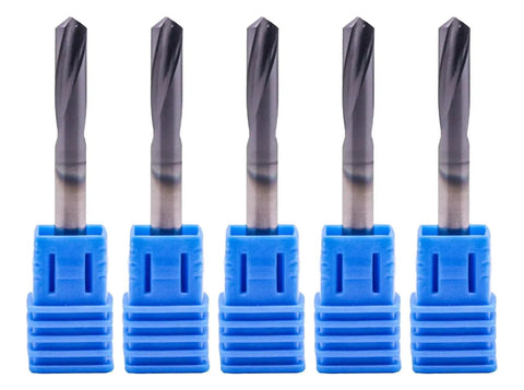 Front view of Pro Grade Solid Carbide Spotting Drill Set 5Pcs Three Sixteenth Inch Shank 2 Flute 120 Degree AlTiN Coated